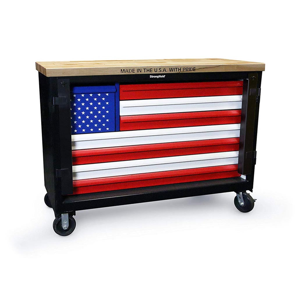 American Flag 60" Mobile Tool Cart with Lockbar and Maple Wood Top